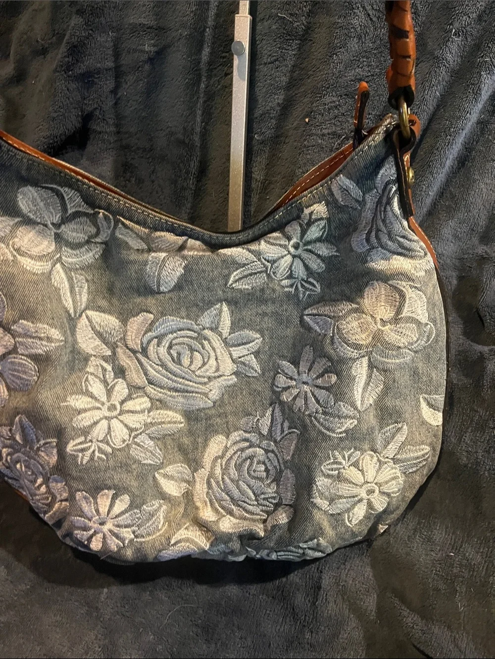 Patricia Nash Denim Floral Embroidered Bag with Brown Leather Strap